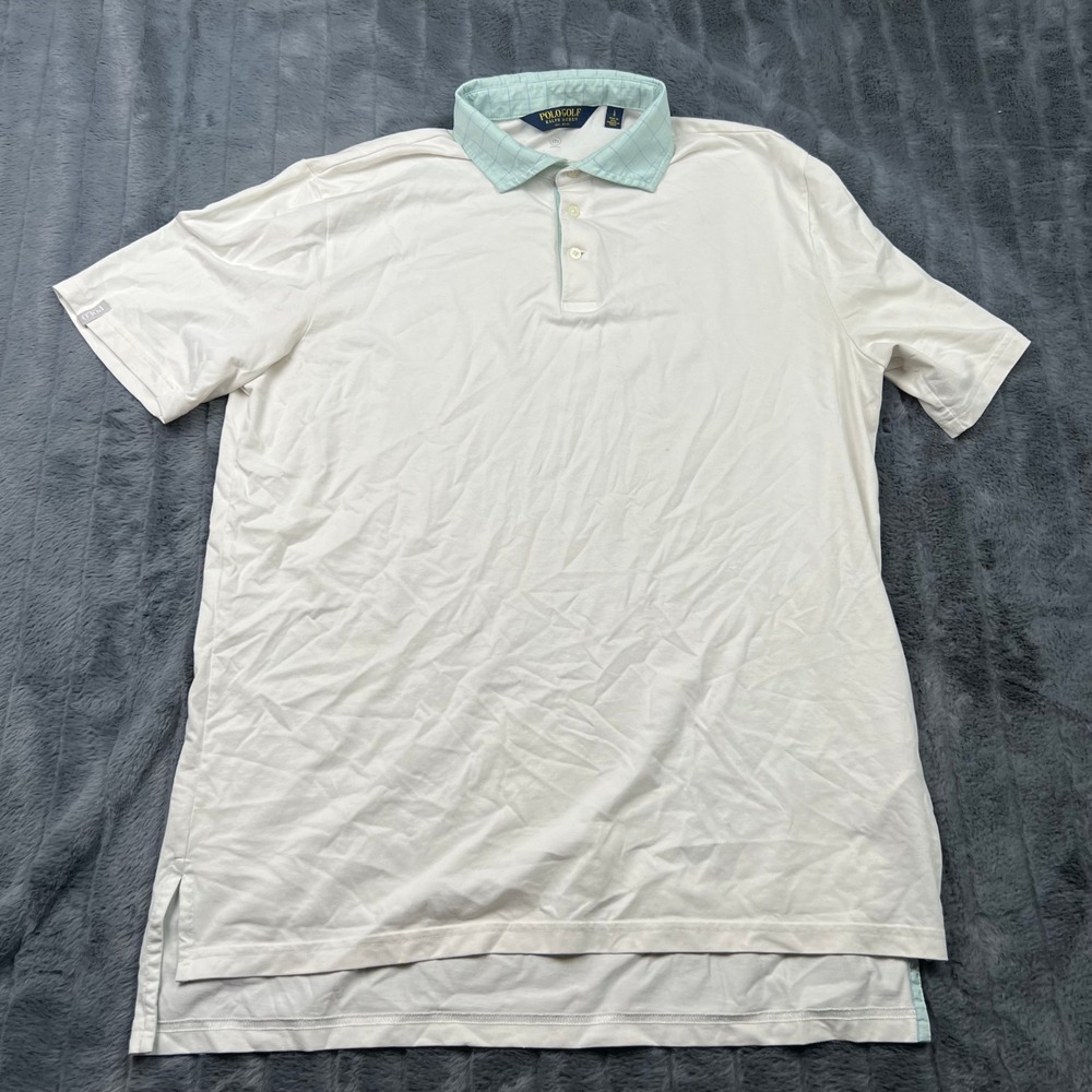 Polo Golf Ralph Lauren Mens White Plaid Collar Short Sleeve Polo Shirt Large